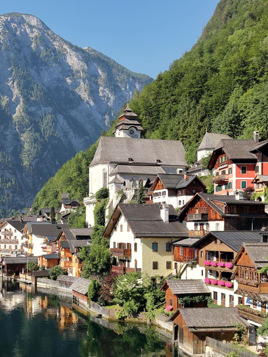 Hallstatt's church and houses below the Austrian Alps